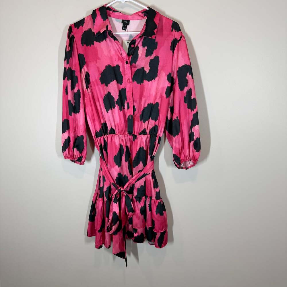 River Island Pink Black Animal Print Belted Mini Shirt Dress NWT US 14 UK 18